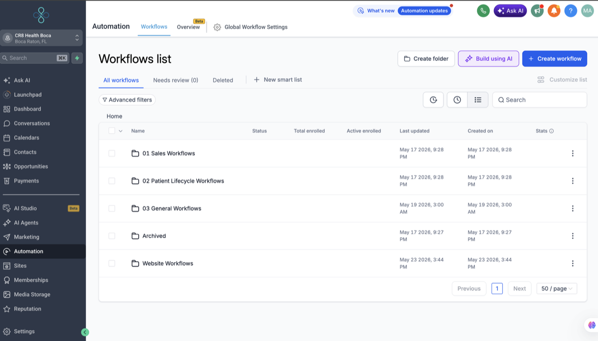 CR8 Health GoHighLevel workflow system